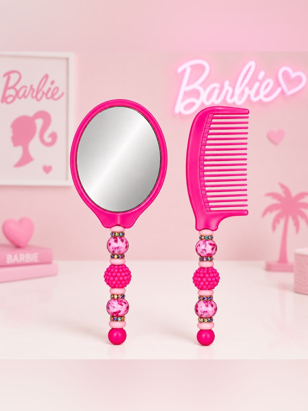 Hot Pink Bow Beaded Hand Mirror & Comb Set